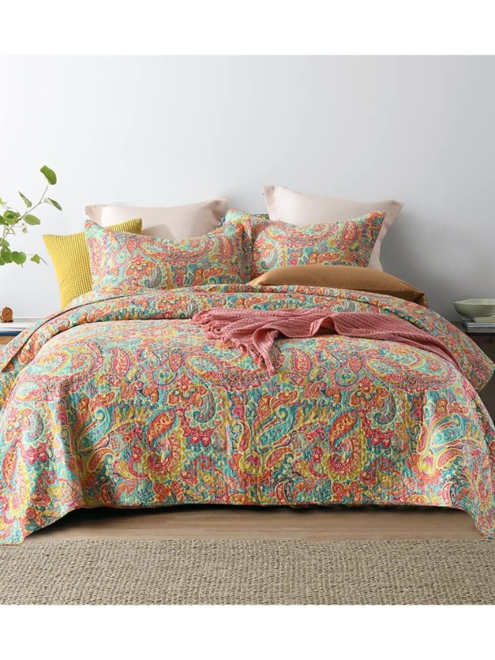 Paisley Quilt King Size, Soft Cotton Bedspread with 2 Shams, Lightweight